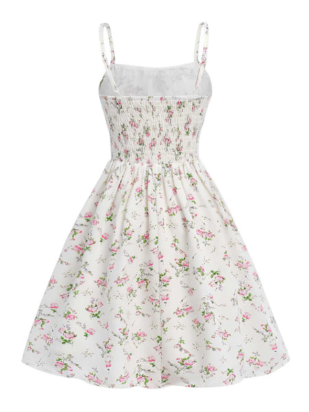 White Spaghetti Strap Floral A-Line Summer Dress | Vintage Style Outfit
