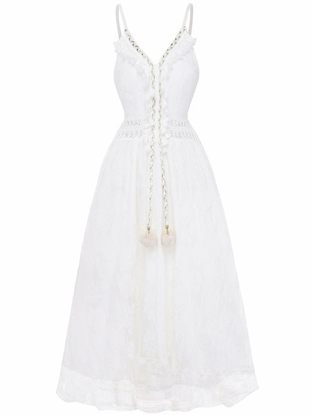 White Tassel Boho Maxi Dress Flowy Summer Wedding Guest Dress Beach Vacation Dress
