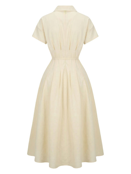 slim fit dress slacks Yellow 1940s Waist-Tie Button Shirt Collar Dress