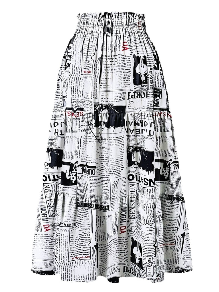 Multicolor 1970s Newspaper Print Tiered Midi Skirt