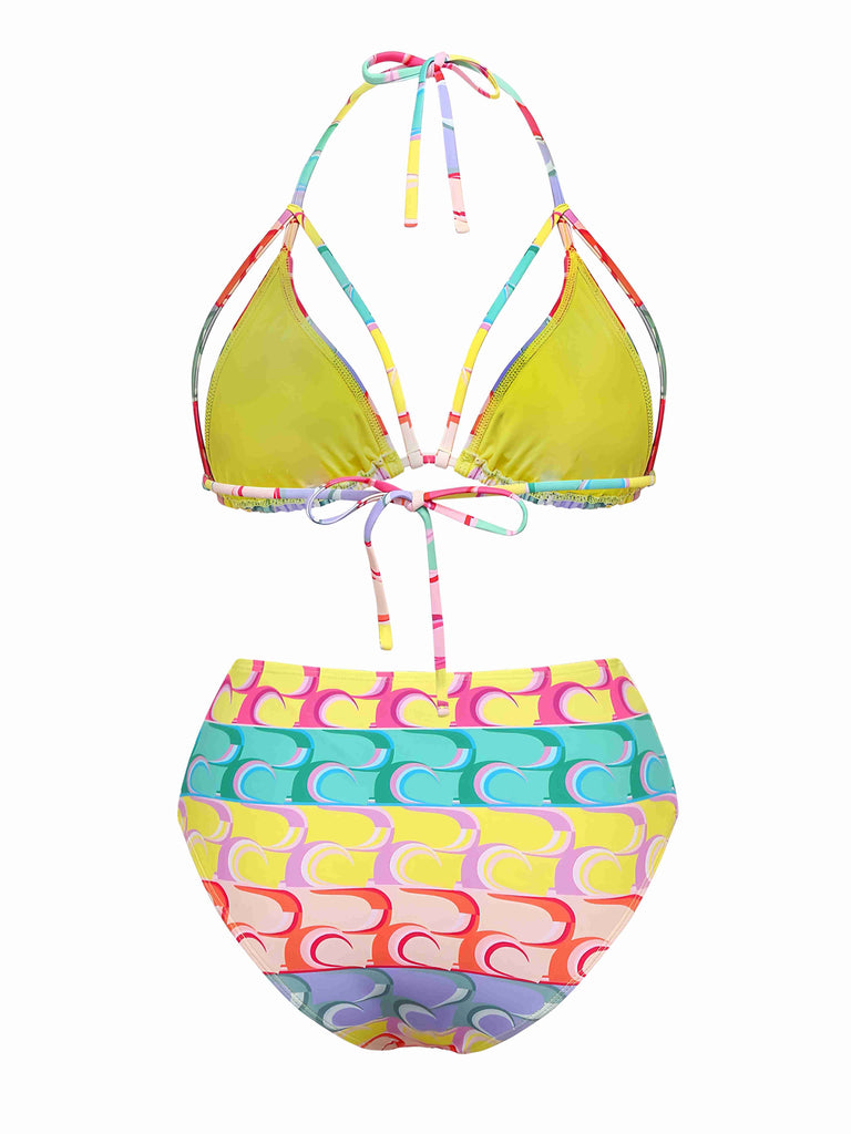 Multicolor 1960s Lace-up Rainbow Halter Bikini Set