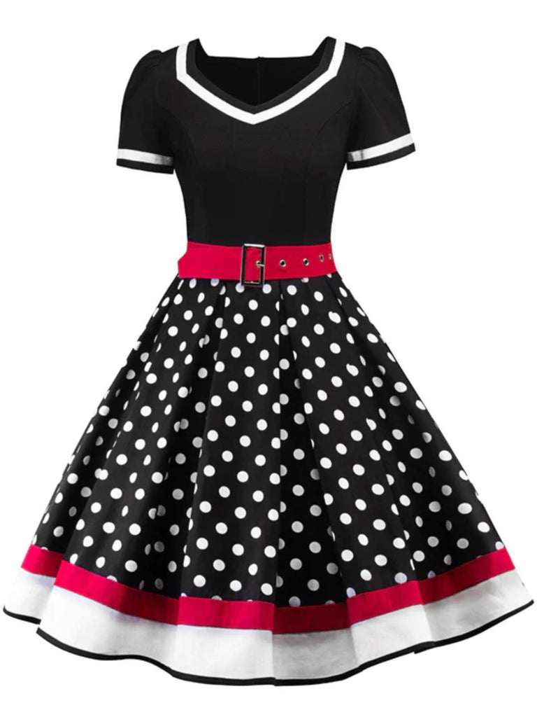 1950s Polka Dot Belted Patchwork Dress With Accessories Set