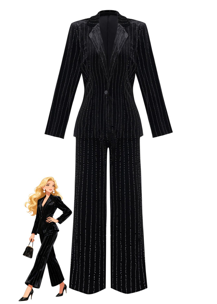 2PCS Black 1960s Velvet Sequin Blazer & Pants Set