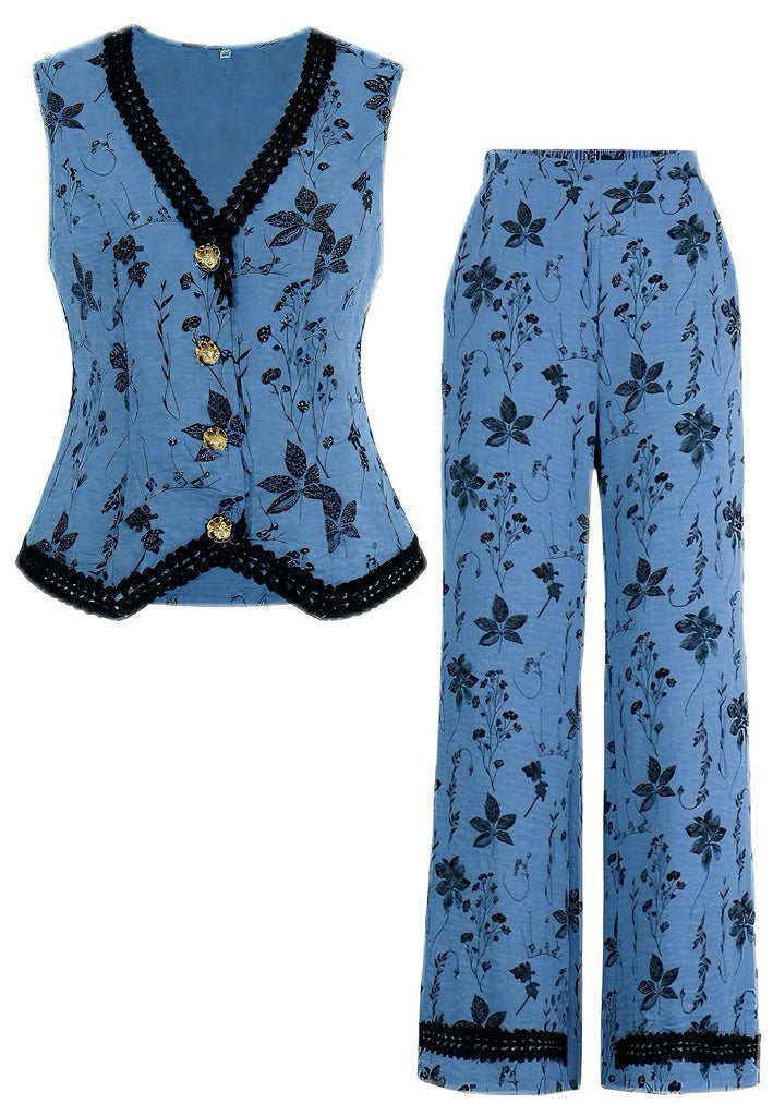2PCS 1940s Floral Hem V-Neck Vest & Pants