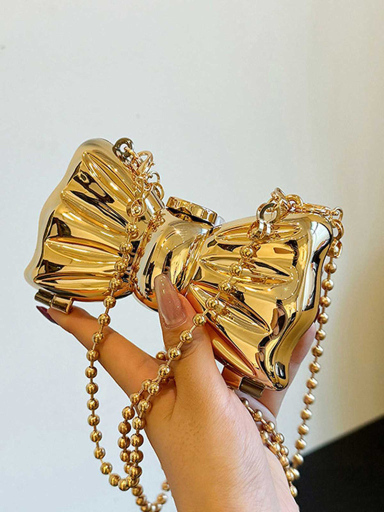 Metallic Bow Beaded Chain Bag