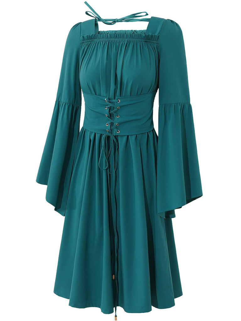 Blue 1940s Square Neck Lace-Up Ruched Dress