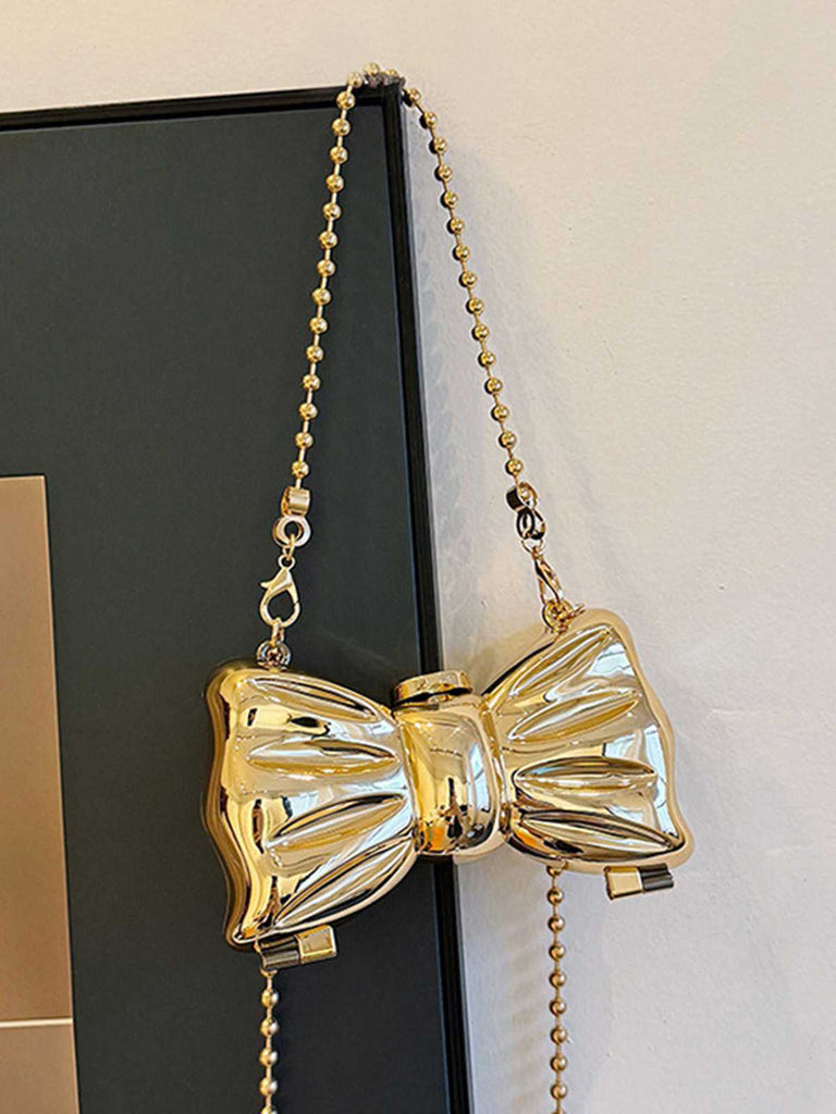 Metallic Bow Beaded Chain Bag