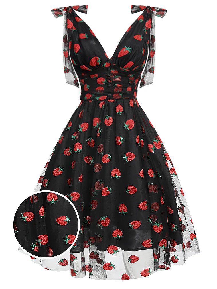 Pink 1950s Strawberry Mesh Swing Dress