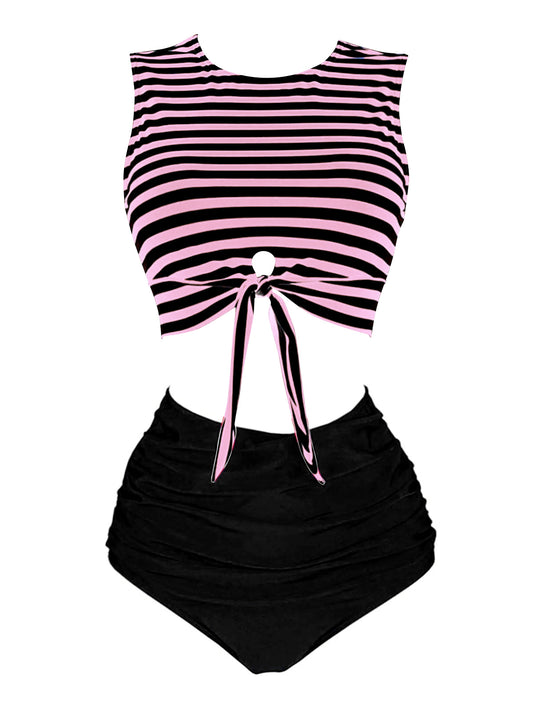 Pink & Black 1970s Striped Waist Tie Patchwork Swimsuit