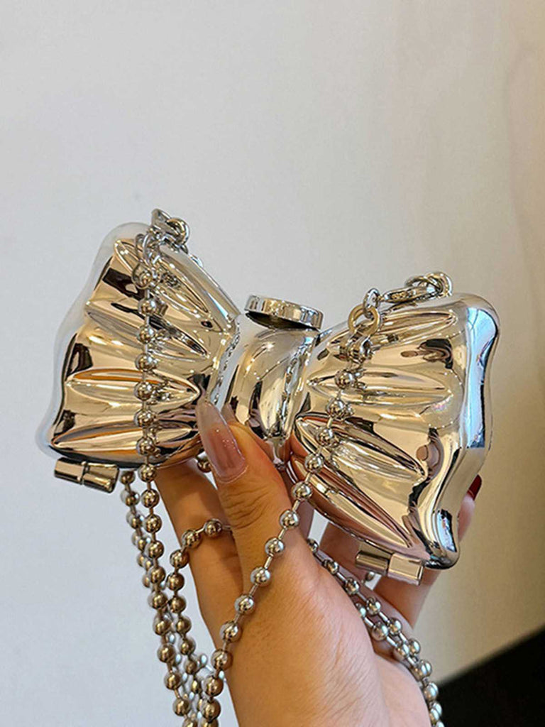 Metallic Bow Beaded Chain Bag