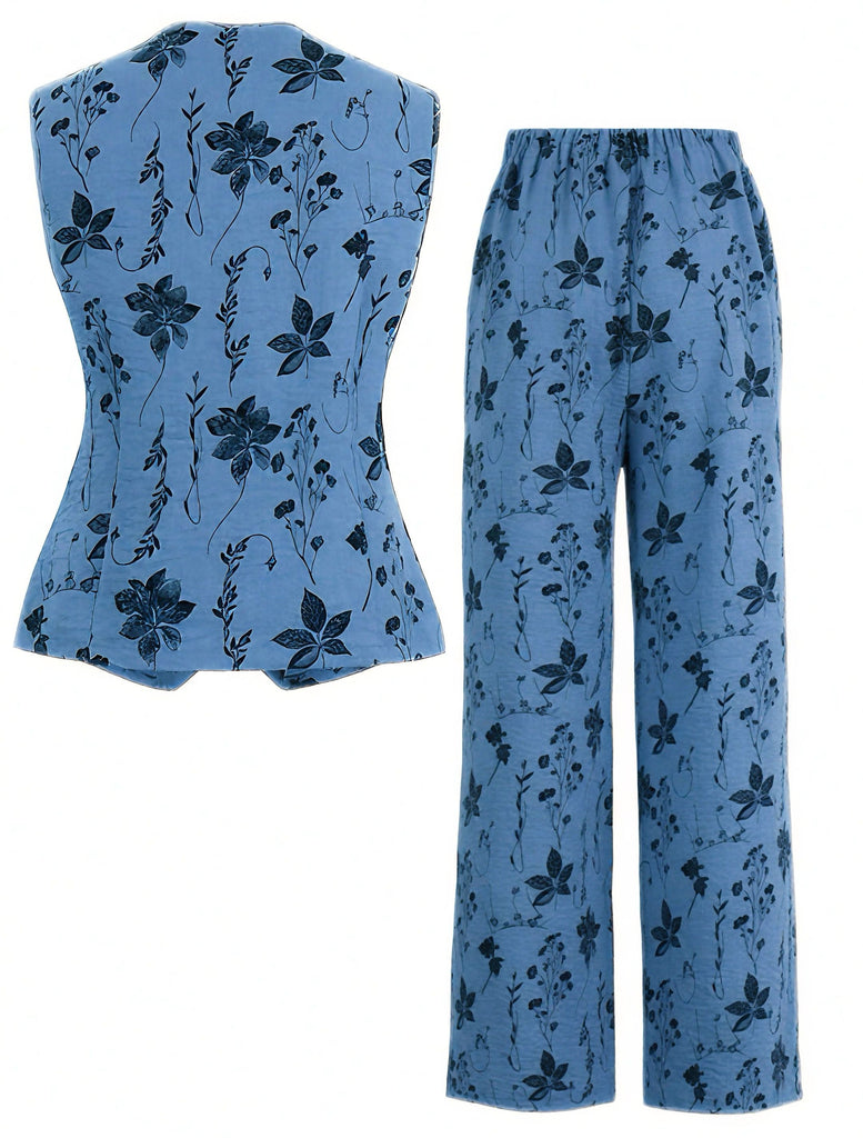 2PCS 1940s Floral Hem V-Neck Vest & Pants