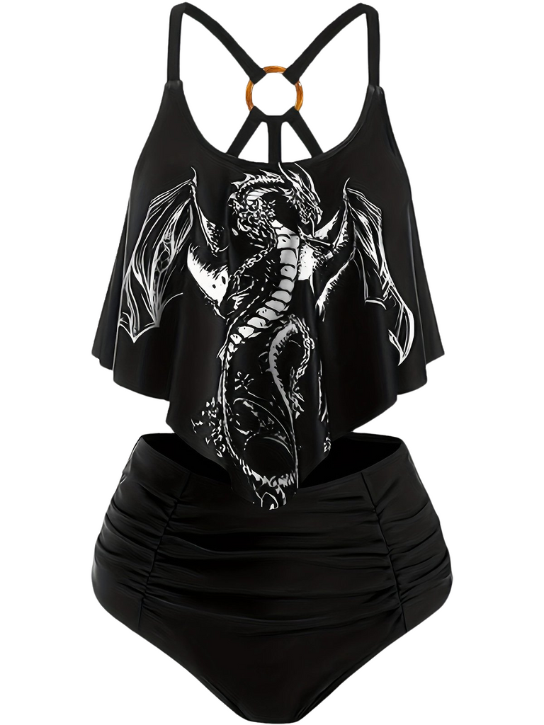 1980s Gothic Dragon Back-Cross Ruffle Swimsuit