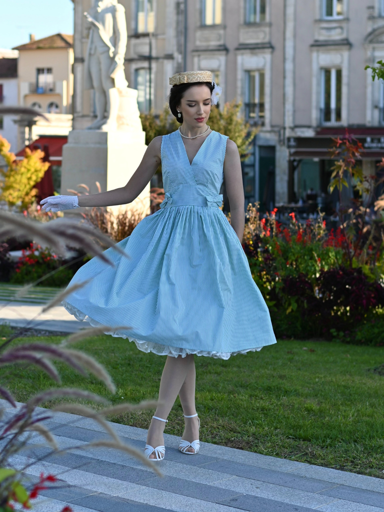 Mint Green 1950s Striped V-Neck Dress