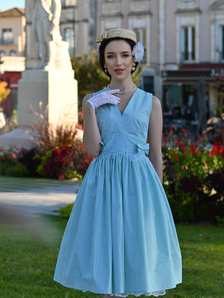 Mint Green 1950s Striped V-Neck Dress