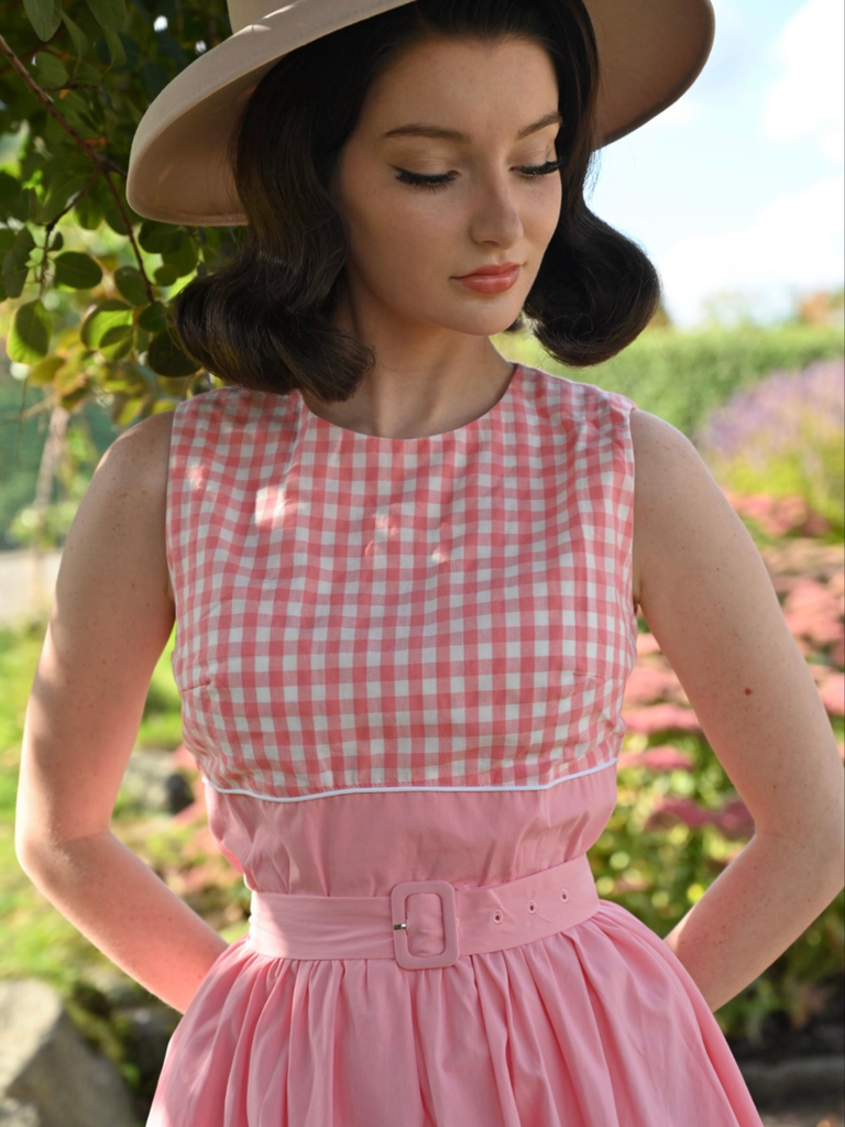 Pink 1950s Gingham Plaid Patchwork Cotton Dress