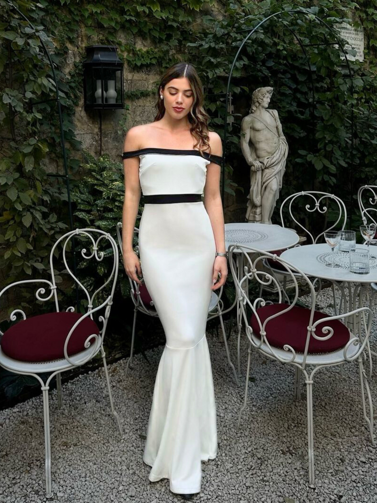 White 1930s Off-Shoulder Fishtail Dress