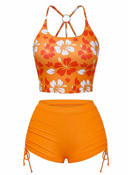 Orange 1960s Floral Backless Bikini Set | Retro Stage