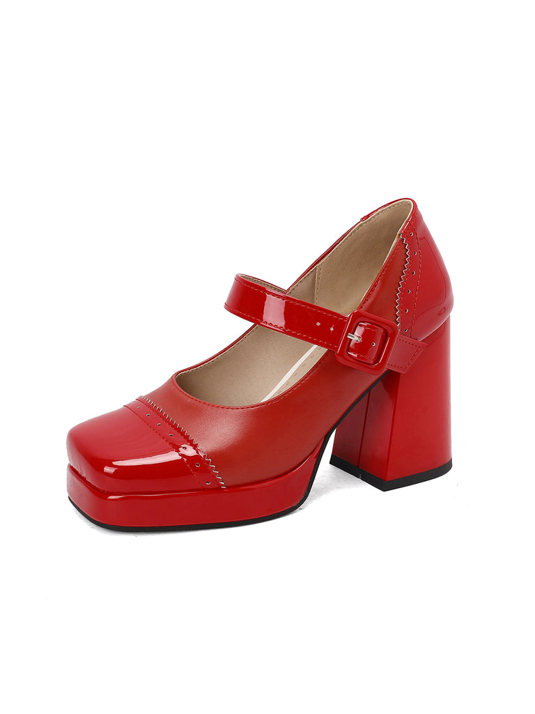 Patent Leather Block Heel Square Toe High Heels