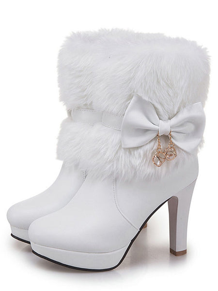 Retro Solid Furry Chunky Heel Short Boots Retro Stage