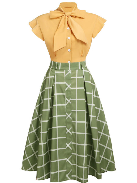 2PCS 1950s Bow Plaid Blouse Skirt Retro Stage