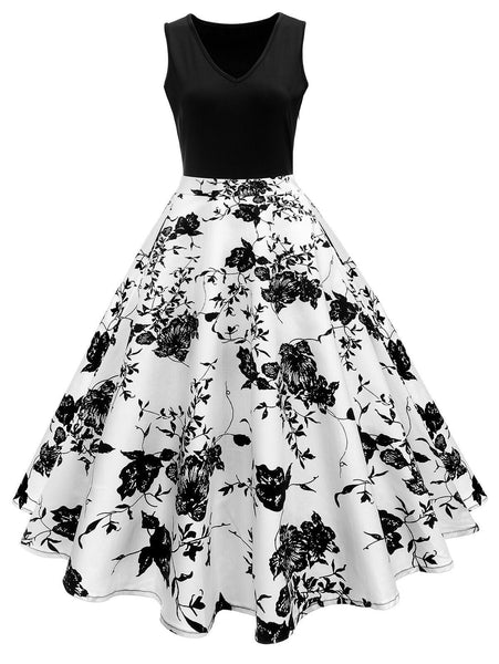 white christmas dresses Black 1950s Floral Swing Dress