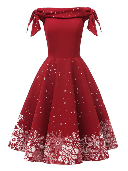 Retro Stage Christmas Off-Shoulder Snowflake Swing Dress Red,M Retro Stage Christmas Off-Shoulder Snowflake Swing Dress Red,M