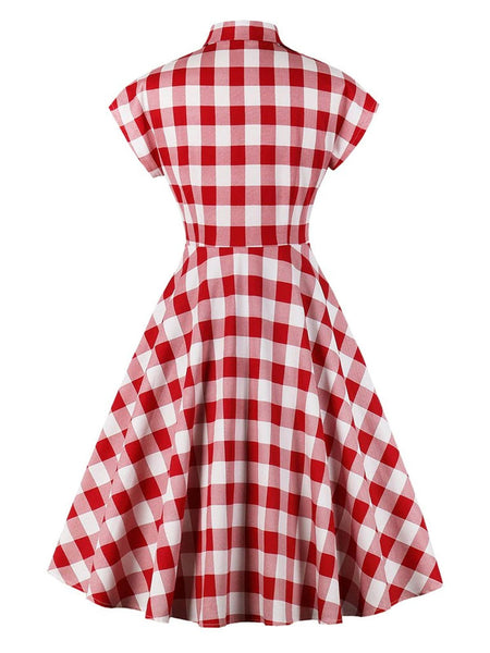 Retro Stage Lapel Vintage Red Plaid Swing Dress 1950s Rockabilly Dress with Pockets