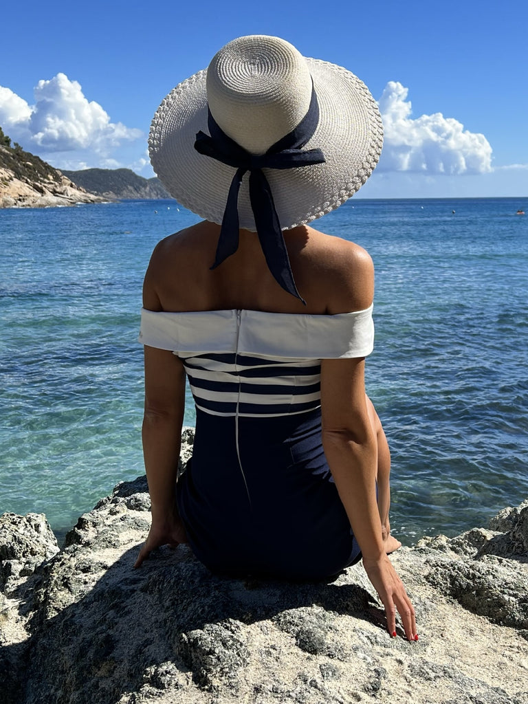 Navy Blue Patchwork Off-shoulder Striped Romper
