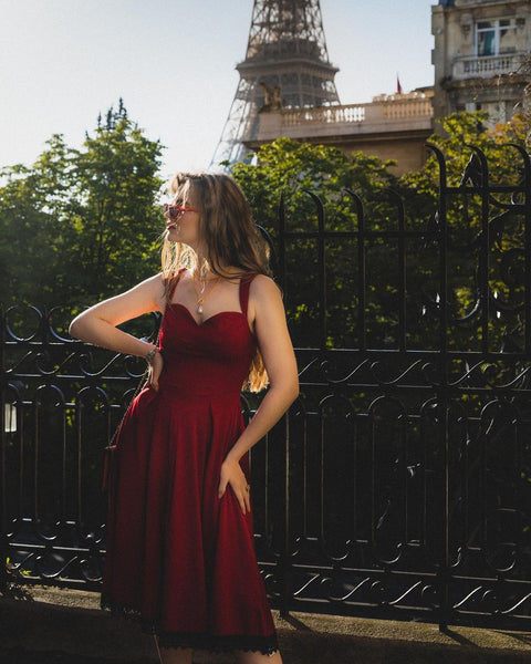 Wine Red 1950s Lace Solid Swing Dress Retro Stage