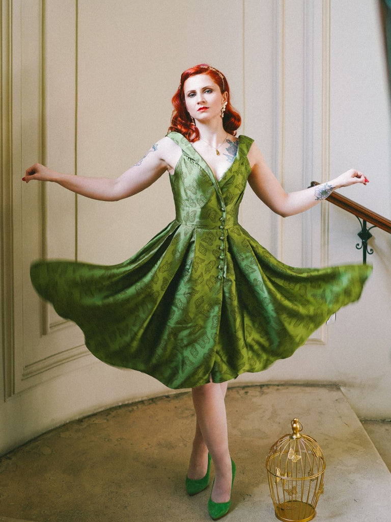 Green 1950s Off-Shoulder Vintage Dress