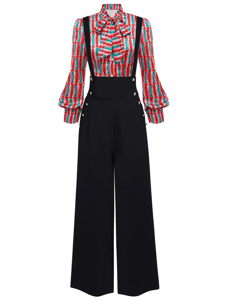 2PCS 1950s Candy Tie-Up Blouse & Black Suspender Pants