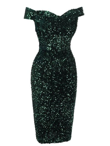 Emerald Green Sequins Off-Shoulder Bodycon Dress, S