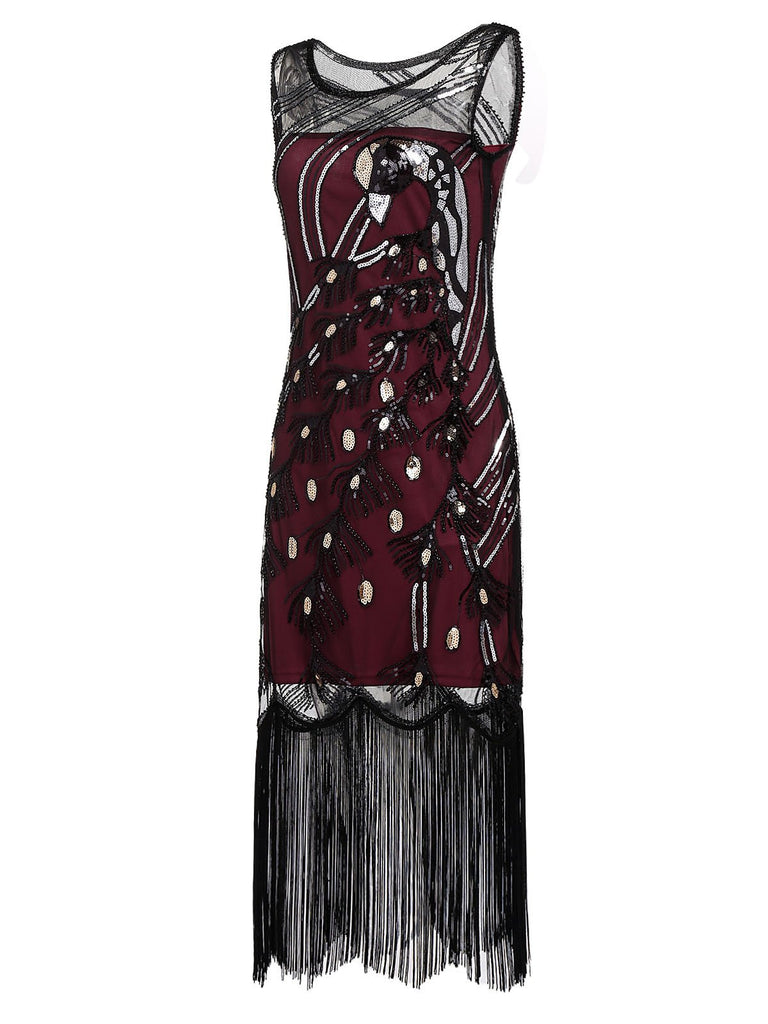 Wine Red 1920s Peacock Flapper Dress