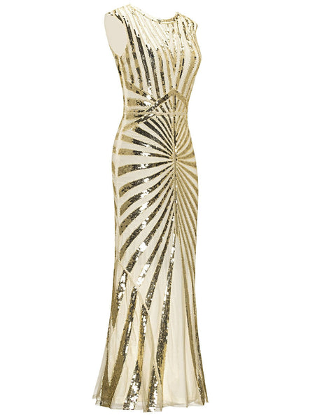 US Warehouse Apricot 1920s Sequin Art Deco Maxi Dress Retro Stage
