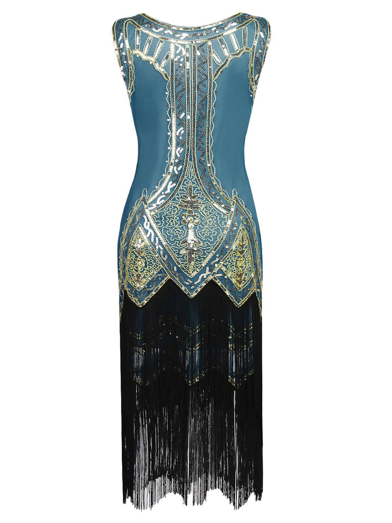 Lake Blue 1920s Beaded Fringed Dress