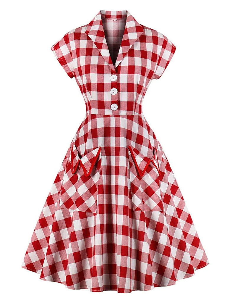 Red White 1950s Pockets Plaid Dress With Accessories Set