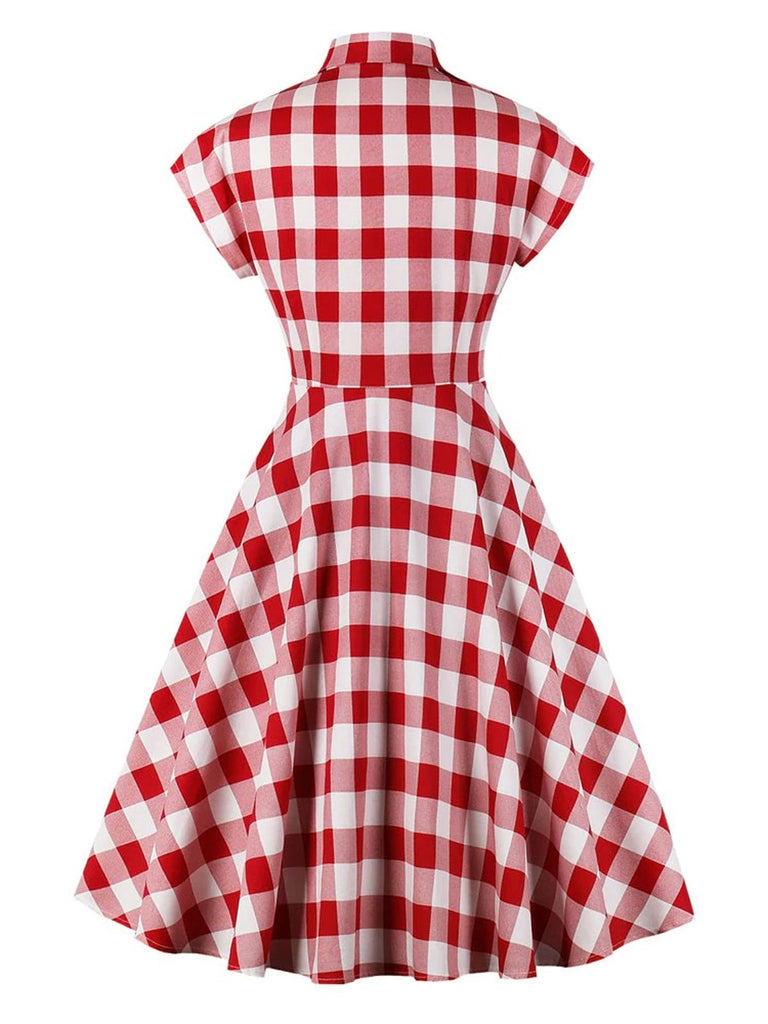 Red White 1950s Pockets Plaid Dress With Accessories Set