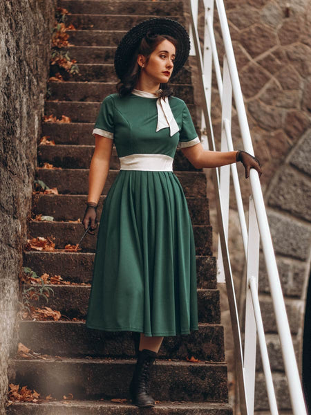 1950s Stand Collar Bow Swing Dress Retro Stage