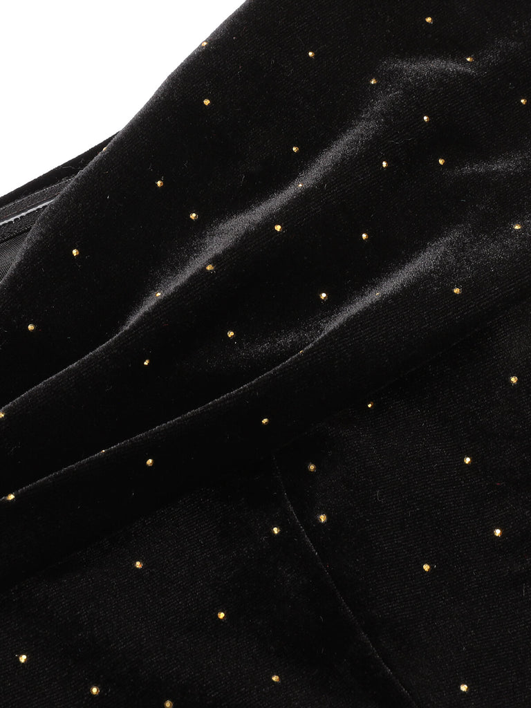 Black 1960s Off-Shoulder Rhinestones Velvet Dress