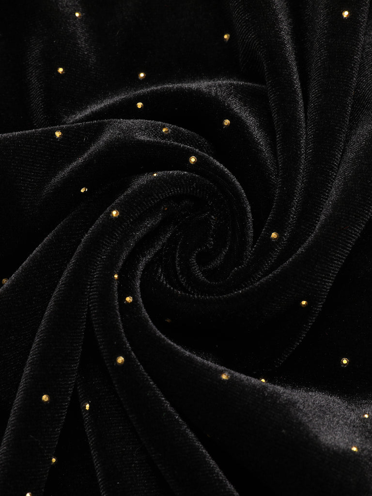 Black 1960s Off-Shoulder Rhinestones Velvet Dress