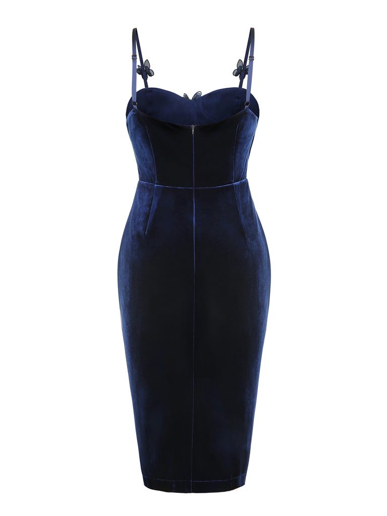 Blue 1960s 3D Butterfly Velvet Pencil Dress