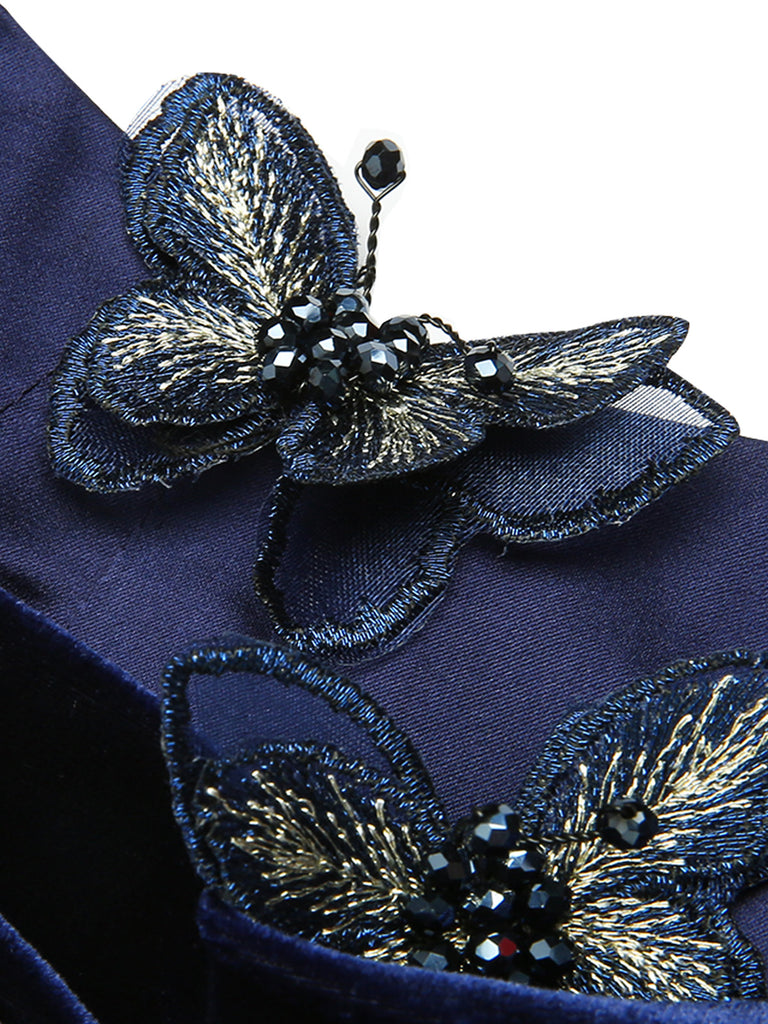 Blue 1960s 3D Butterfly Velvet Pencil Dress