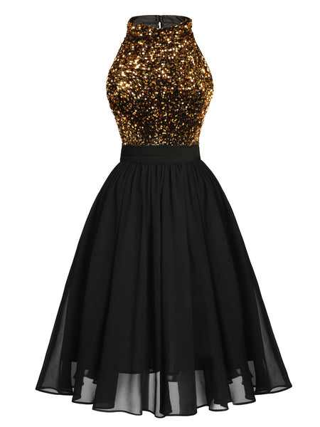 Black 1950s Gold Glitter Patchwork Dress Retro Stage