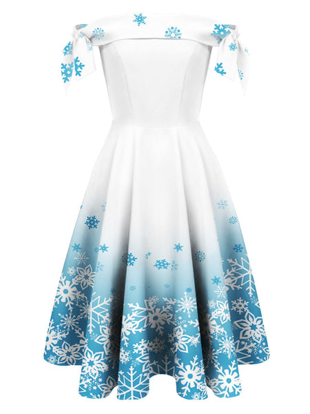 White 1950s Off Shoulder Snowflake Dress | Retro Stage