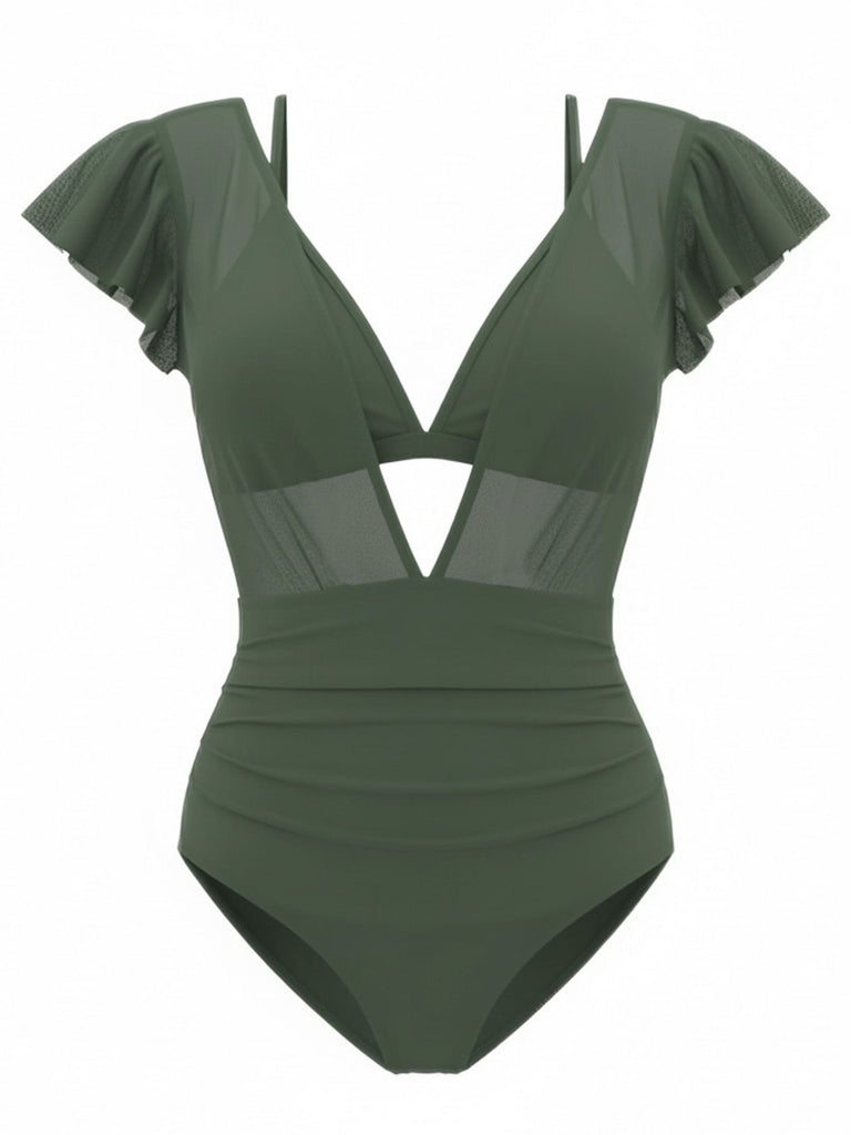 1960s Solid Mesh Plunge Bikini Set & Cover-Up