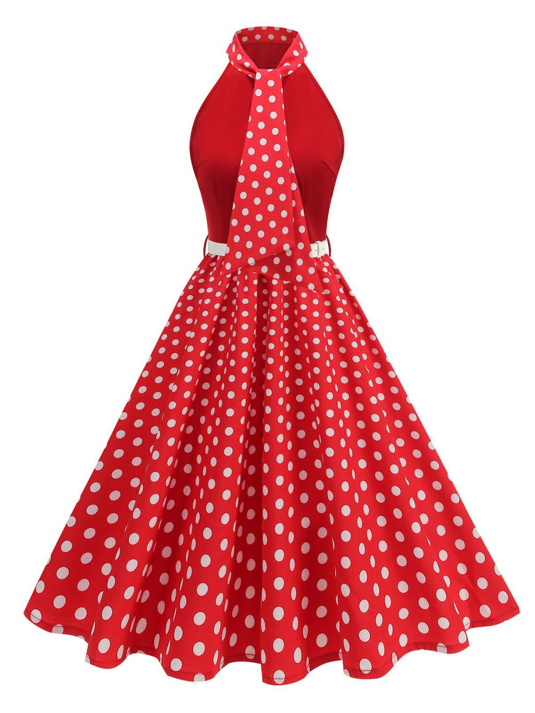 1950s Bow Tie Neck Polka Dot Belted Dress