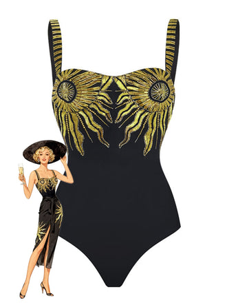 Black 1950s Sequined Sunflower Backless Swimsuit & Cover-Up