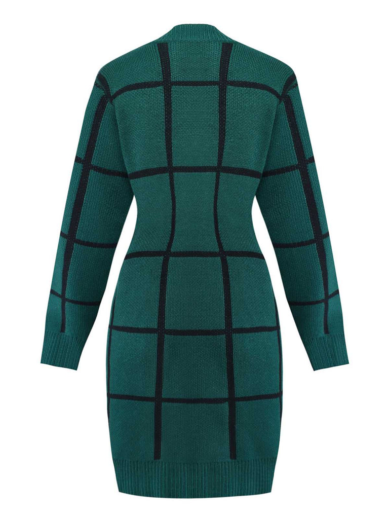 Green 1960s Crew Neck Plaid Knit Sweater Dress