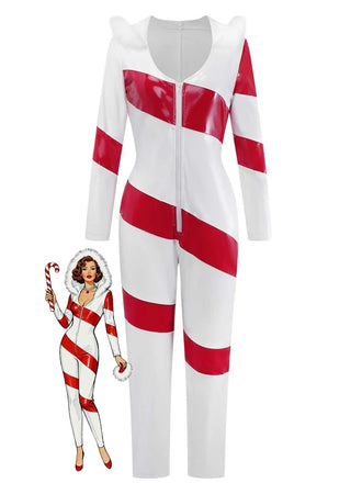 1970s Christmas Candy Cane Hooded Jumpsuit