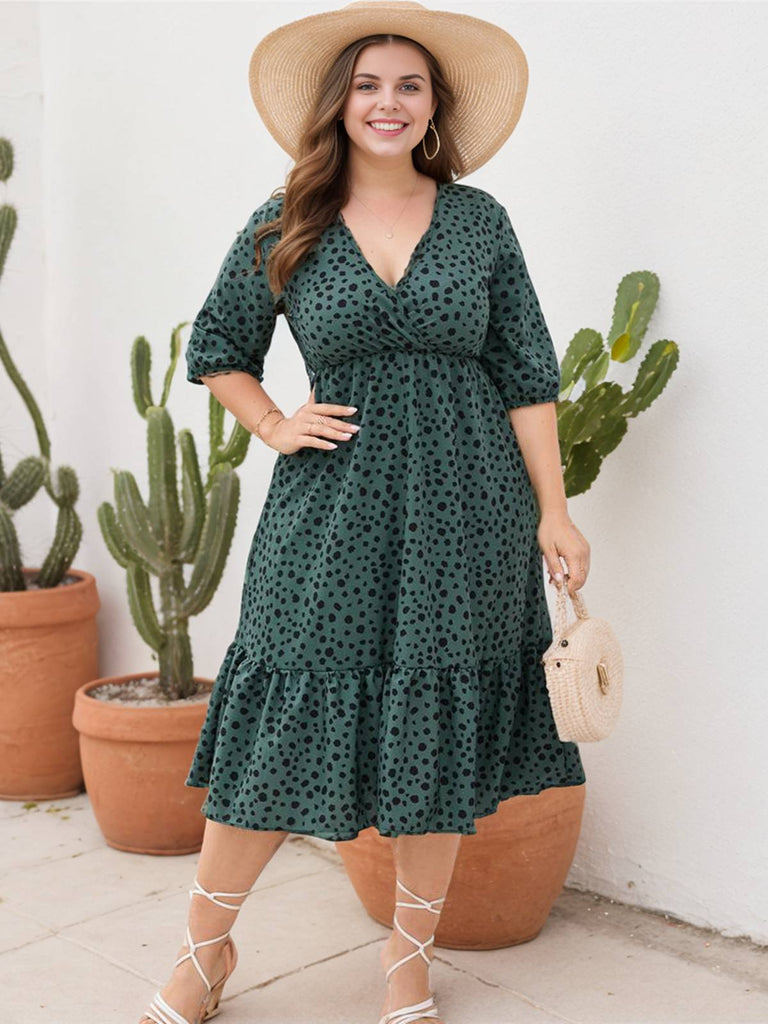 [Plus Size] 1950s V-neck Leopard Half Sleeve Dress